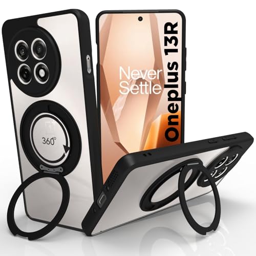Image of RIGGEAR Shockproof Sleek Hybrid Armor 360 Rotating Magnetic Ring Stand Back Cover Case Compatible with MagSafe Accessories for OnePlus 13R (Clear PC + Black TPU Bumper)