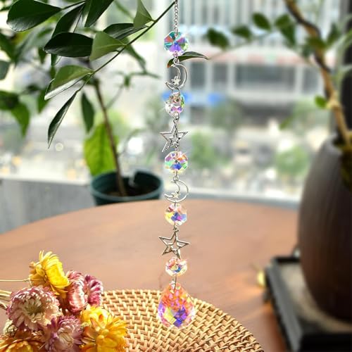 Image of HASTHIP 4Pcs Suncatcher Charm Room Decor, 34CM Sparkling Shining Crystal Sun Moon String Charm Hanging Ornament Wind Chime Suncatcher Charm for Door, Room, Gift