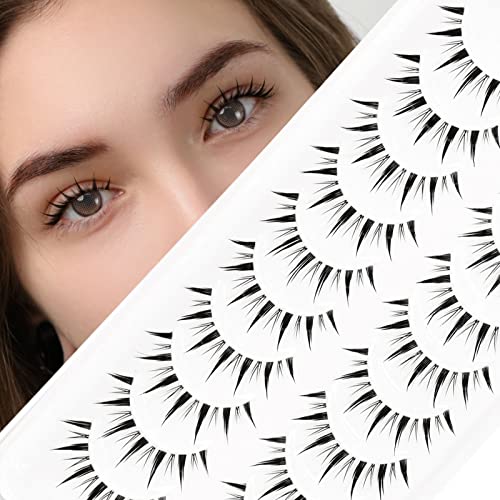 EMEDA Manga Lashes 10 Pair Natural Anime Lashes Transparent Band Black Faux Mink Reusable Spiky Wispy Volume Fake Eyelashes (Manga 12)