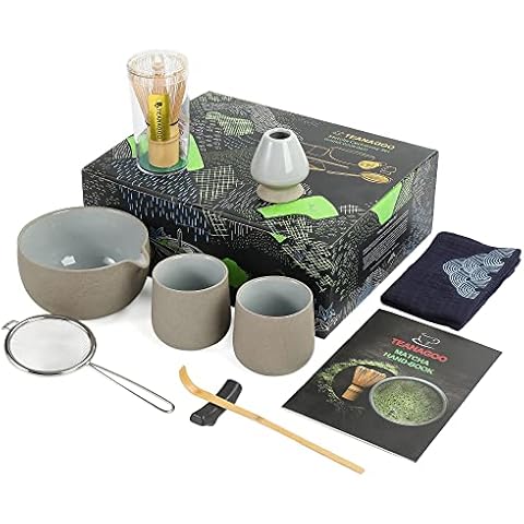 TEANAGOO Matcha Whisk Set Matcha Bowl with Pouring Spout Bamboo Matcha Whisk Scoop Matcha Whisk Holder Tea Making Kit. 1 Japanese Tea Set (7pcs) + 2Cups(7.2oz),S2,Darker Grey,Color Box Packing Cover