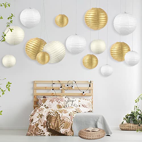 Paper Lanterns With Lights, 6" 8" 10" 12" Metallic Gold Paper Lantern Decorative For Wedding Birthday Anniversary Baby Shower Party Supplies For Outdoor And Indoor, 12Pcs Lanterns&Lights(Warm White) #TOP7