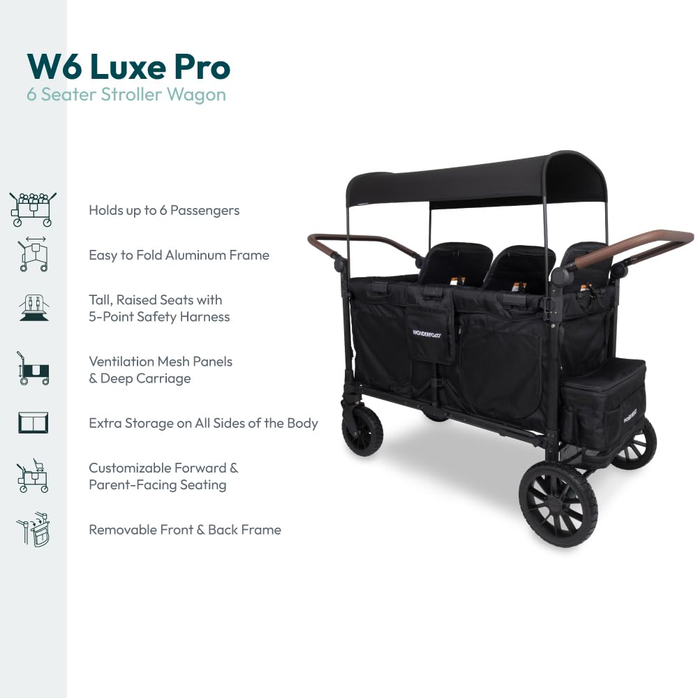 WONDERFOLD W6 Luxe Pro - Cochecito (6 plazas) – Cochecito plegable con asientos con arneses de seguridad de 5 puntos y toldo ajustable para el sol, negro azabache