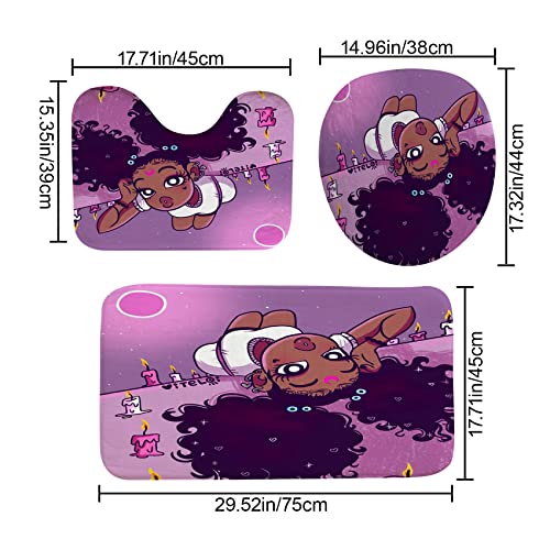 4Pcs Cute Hair Black Girl Shower Curtain Set, African American Lady Bathroom Sets With Non-Slip Rug, Toilet Lid Cover And Mat, Cool Girl With Moon And Candles Bath Decor With 12 Hooks, 72" X 72" #TOP2