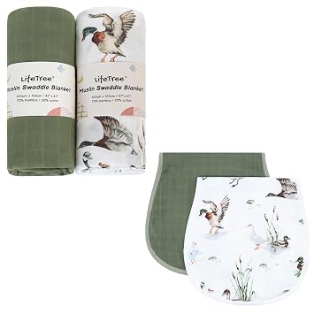 LifeTree Muslin Swaddle Blankets, Baby Burp Cloths for Boys Girls Neutral Newborn, Soft 70% Viscose from Bamboo and 30% Cotton Mallard Duck & Olive