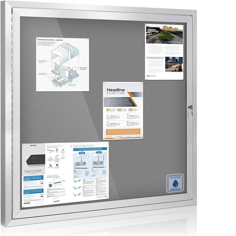 Lockable Notice Board, 100x95cm Outdoor Noticeboard Waterproof Display Pin Board with Locking Doors, Wall Mounted Office Notice Board Tempered Glass Display Cases for School, Office, Commercial