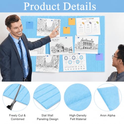 Image of QUIET CANVAS Acoustic Wall Slat Pinboard, 1x1ft, Pack 6, 50 PushPins Blue