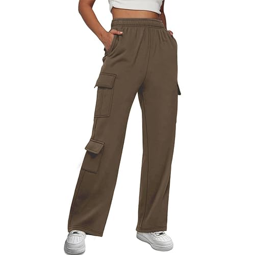 Allmloers Womens Cargo Sweatpants High Waisted Elastic Casual 2024 Y2k Baggy Joggers with 7 Pockets - Coffee - Small
