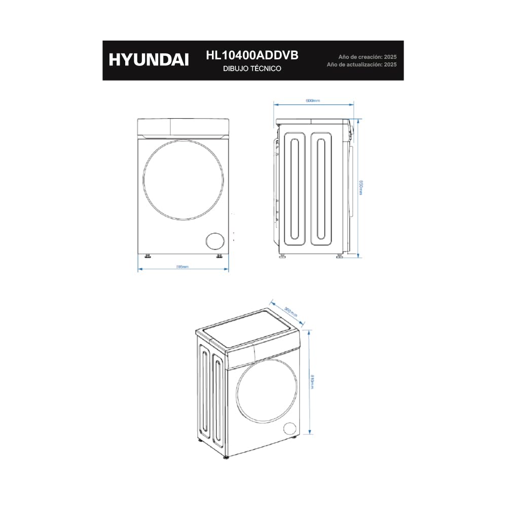 Hyundai Lavadora 10Kg Carga Frontal Blanco HL10400ADDVB. 1400rpm, 14 Programas, Función Stop&Go, Clase de Eficiencia Energética A