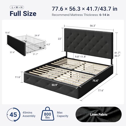 Image of Allewie Upholstered Full Size Platform Bed Frame with 4 Storage Drawers and Headboard, Diamond Stitched Button Tufted, Mattress Foundation with Wooden Slats Support, No Box Spring Needed, Dark Grey