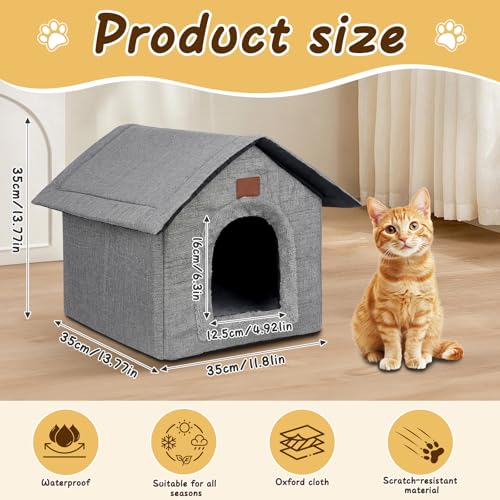 DAJASD Katzenhaus Outdoor Winterfest, Katzenhöhle, Hundehöhle mit Abnehmbarem Plüschkissen, Wasserdicht Wetterfester, Hundehütte Indoor, Hundehaus für Drinnen/Indoor 35x30x35cm (Grau, S)