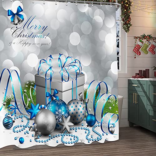 DYNH-Holiday-Shower-Curtain-Happy-Merry-Christmas-Silver-and-Blue-Xmas-Ball-and-Gift-Box-for-New-Year-Bath-Curtains-Fabric-Shower-Curtain-Bathroom-Accessories-12PCS-Hooks-69X70IN