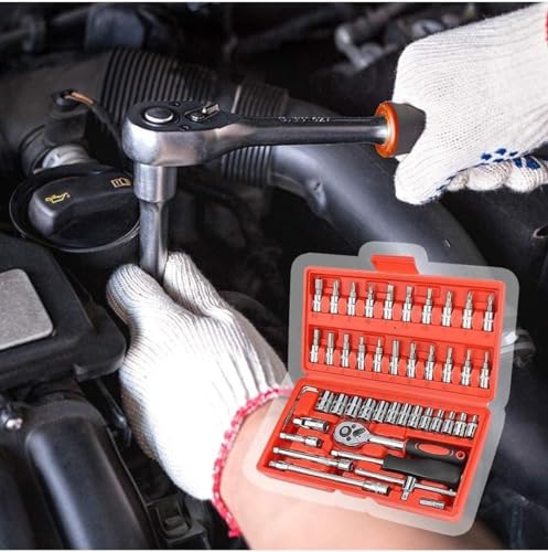 Image of Heavy Duty 1 /4 inch Combinational 46 Pcs Chrome Vanadium Ratchet Socket Wrench Hand Tool Kit Set For Repairing Work, DIY, Auto Repairs Car & Bike