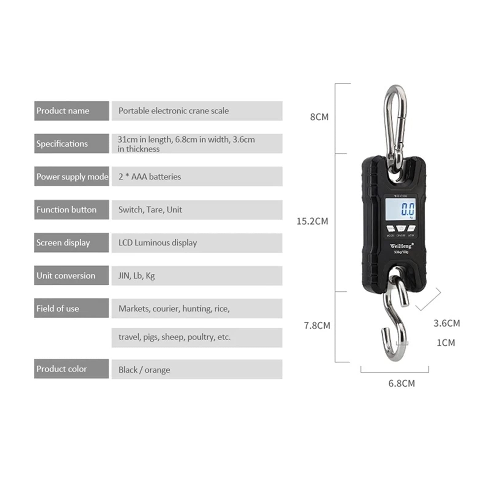 500kg waga dźwigowa Heavy Duty wisząca waga hakowa Steelyard przenośny LCD elektroniczny cyfrowy przemysłowy waga dźwigowa(C500O)