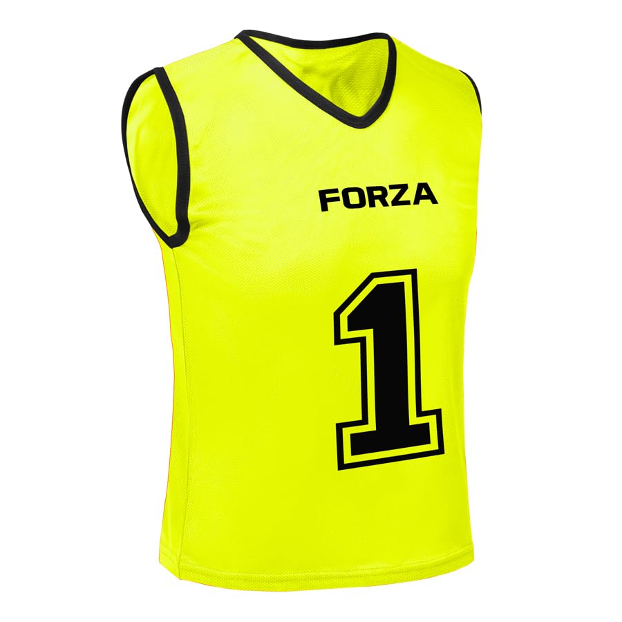 FORZA Premium Numbered Bibs – Polyester Training Vests for Sports Teams [1-23] (Numbered 1-5, Fluro Yellow, Junior)