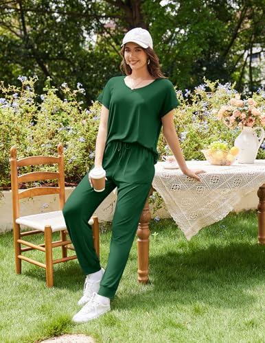 Image of Ekouaer Pajamas for Women Set 2 Piece Pjs Short Sleeve Sleepewar Tops and Jogger Pants Lounge Sets Tracksuit,Dark Green,XXL