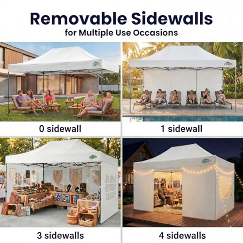 Image of COBIZI 10x15 Pop Up Canopy Tent,Heavy Duty Canopy(White with 4 Sidewalls)