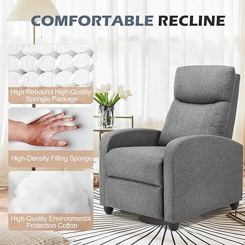 Sweetcrispy Recliner Chair for Adults, Massage Fabric Small Recliner Home Theater Seating with Lumbar Support, Adjustable Modern Reclining Chair with Padded Seat Backrest for Living Room (Grey)