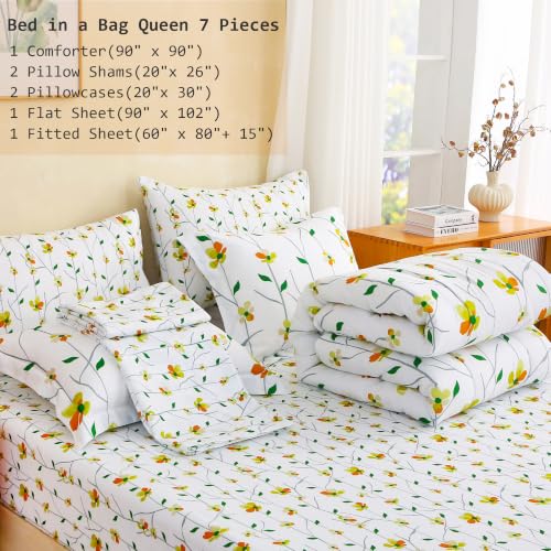 Image of lasoftan Floral Queen Comforter Set with Sheets, 7 piece Luxury Vintage Bedding, Soft Microfiber Bed in a Bag, Cozy Lightweight Bed Set, Yellow Flower
