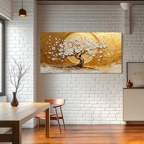 SERIMINO Gold Tree of Life Wall Art, Blossom Tree Extra Large Canvas Painting, Natural Landscape Abstract Artwork for Walls, Japanese Home Wall Decor Living Room Dining Room Office Art Prints 30"X60"