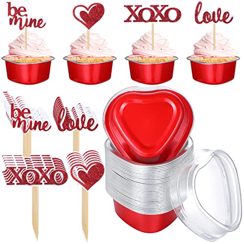 72 Pieces Valentine's Day Cupcake Decorations 36 Packs Disposable Foil Heart Shaped Ramekins Cake Pudding Pan With Lids 36 Packs Red Glitter Love Be Mine Cupcake Wedding Engagement Topper Picks #TOP24
