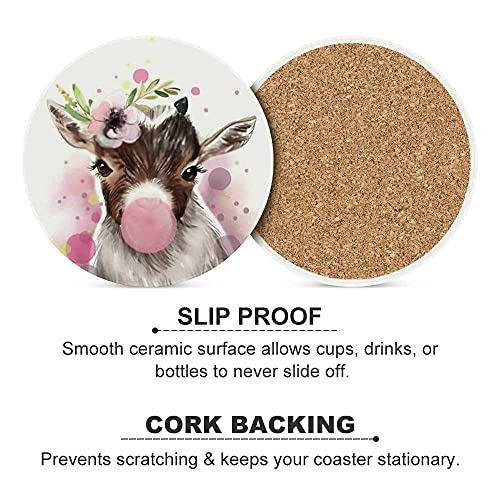 Kuizee Drink Coasters Set Cute Watercolor Goat Baby Decoration Pink Ceramic Absorbent Coaster Apartment Kitchen Room Bar Glasses Decor Round Cork Base 3.9 Inch,4 Pcs #TOP5
