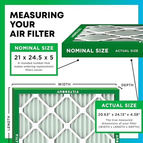 Image of Filterbuy 21x24.5x5 Air Filter MERV 8 Essential Dust & Allergy Defense (2-Pack), Electrostatic Pleated HVAC AC Furnace Filters for Rheem, Ruud, and Protech (Actual Size: 20.63 x 24.13 x 4.38)