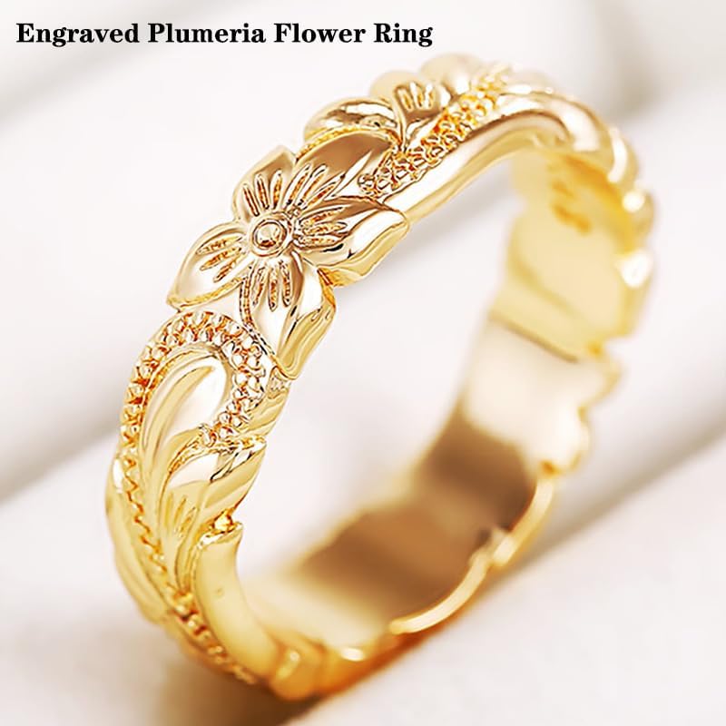 Chunky Gold Flower Ring For Women, Trendy 14k Carving Process Engraved Plumeria Stackable Pinky Thumb Rings Wedding Promise Engagement Couples Men Jewelry Gift - Image 2