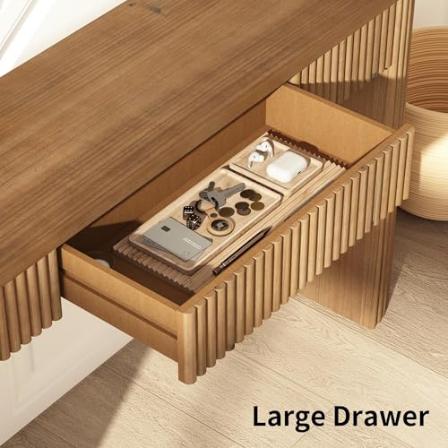 Image of Solid Wood Console Table with Drawer - 55 Inches Mid Century Foyer Table, Modern Fluted Entryway Hallway Minimalist Sofa Table, Oval with Drawer