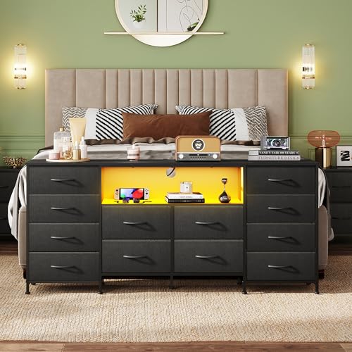 Image of WLIVE LED Dresser TV Stand for 75 Inch TV, 12 Drawers, Black