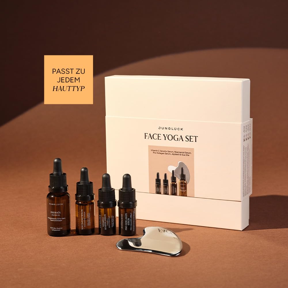 JUNGLÜCK IN A BOX Face Yoga Set | Gua Sha Set für strahlende Haut und Entspannung – Intensiv pflegende Seren & Jojobaöl für dein Gua Sha Ritual
