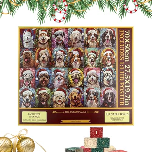 パズルカレンダー アドベント 2025 ? 1000ピース 犬と猫のジグソーパズル、紙 27.56x19.69インチ フェスティブブレインチャレンジ、男性、女性、子供向けホリデーおもちゃ |クリスマスパーティー、家族の娯楽、自宅、勉強、