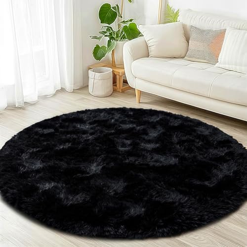 Black Round Rugs for Bedroom 4x4 ft - Ultra Soft Faux Fur Area Rug - Plush Non-Slip Shaggy Carpet for Living Room, Cozy Fluffy Rug for Kids Boys Girls Dorm Nursery Room, High Pile Floor Carpet