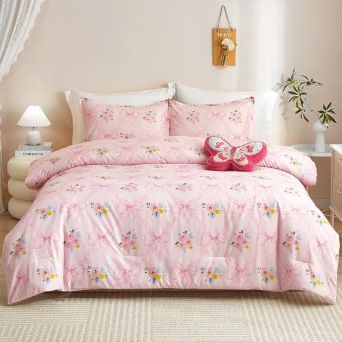 HollyHOME Pink Bow Comforter Set Twin Kids Comforter Set for Girls, 2 Pieces Bed in a Bag Cartoon Bow Tie Pattern, Floral Bedding Set, All Season Microfiber Room Decor for Teens