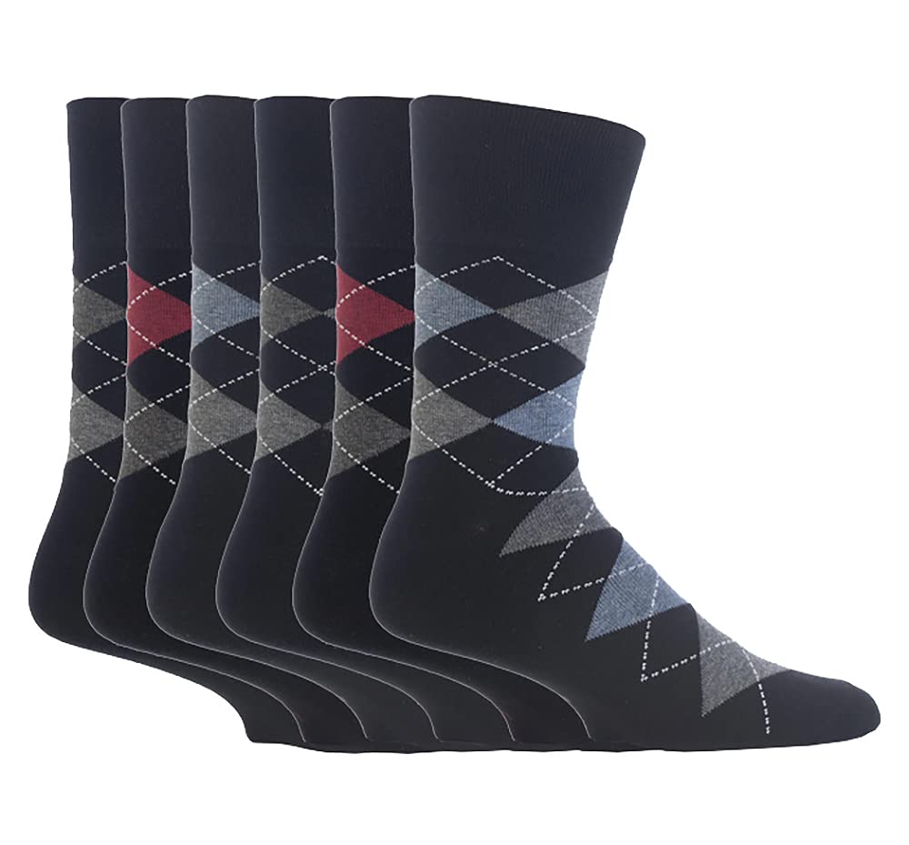 6 Pairs Men's Gentle Grip cotton rich Socks 7-12 usa Black Argyle MGG39