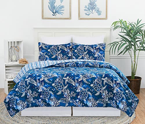 C&F Home Marley Cove 3-Piece Full/Queen Quilt Set with 2 Shams Blue Coastal Animals Sea Turtle Jellyfish Reversible Blue Stripe Quilted Bedroom Bedding Set Full/Queen 3 Piece Set Blue - Image 2
