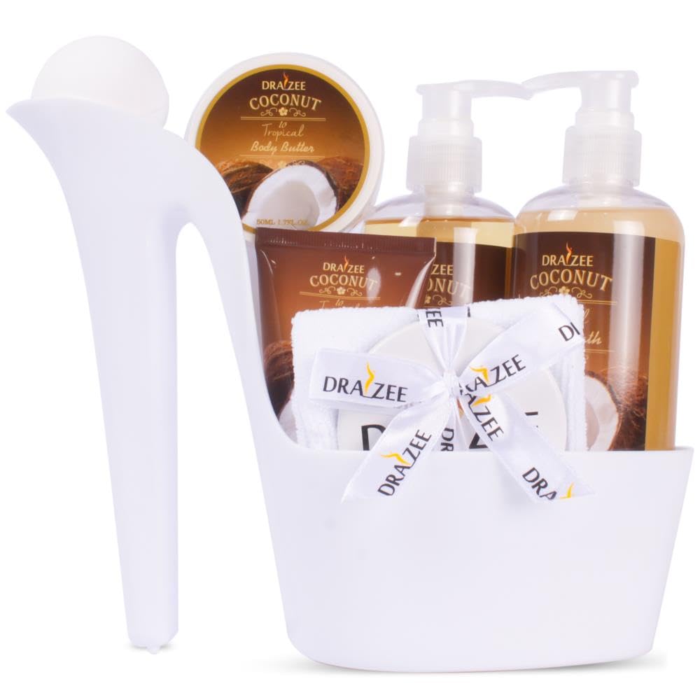 Gift Set for Her - 8 Pcs Luxury Coconut Scented Heel Shoe Bath and Body Spa Basket - Shower Gel, Bubble Bath, Body Butter, Lotion & More - Gift for