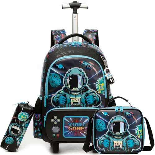 Egchescebo Mochila Escolar Infantil com Rodinhas para Meninos e Mala Carrinho Adequado Adolescentes Juvenil Estojo Costas Alunos do Ensino Fundamental Médio Idades Entre 3 e 12 Anos Azul Astronauta