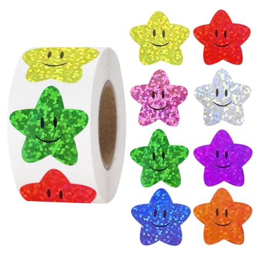 Anwyll Star Smiley Face Stickers - Happy Face Stars Stickers for Kid Reward 500Pcs 1Inch Shiny Star Sticker Self Adhesive Glitter Foil Stars Sticker...