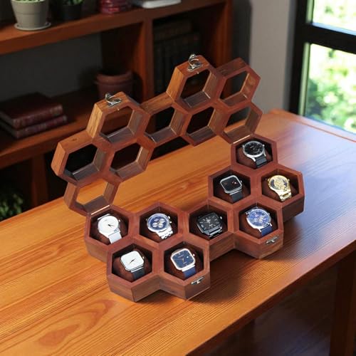 Image of Vintage Wooden Watch Box for Men, Timepiece Display Case, Honeycomb Watch Storage & Organizer, Jewlery Box for Women, Anniversary Gift For Husband (9 Compartments)