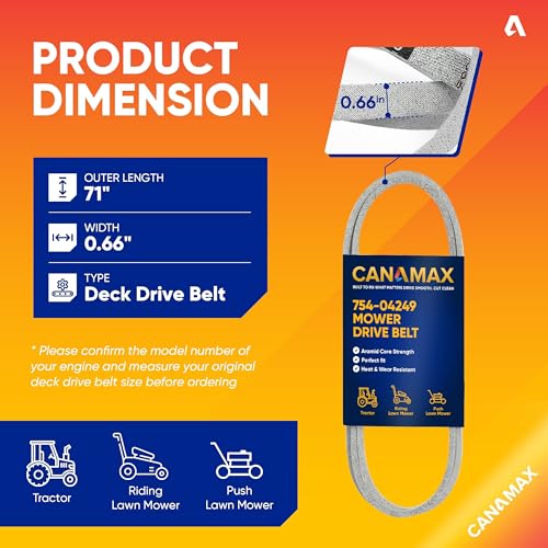 Image of Canamax 754-04249 954-04249A Lawn Mower Drive Belt - Compatible with MTD Troy-Bilt Craftsman Huskee Tractors - Replaces Aramid Cord 71 inch x 0.66 inch Toro 55-7660 Murray 43066 Dixon 539116685 76181-751-003