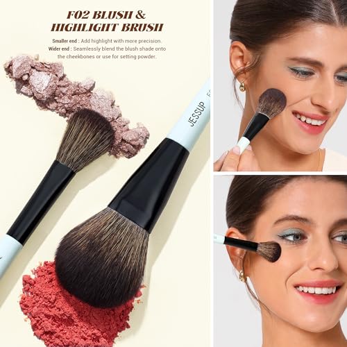 Image of Jessup Face Makeup Brushes with Makeup Sponge, 3pcs Double Ended Makeup Brush for Foundation Contour Blush Highlight and Concealer Brush, Premium Synthetic Brush Set with Gift Box, T510