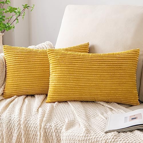 EMEMA Cushion Covers Corduroy Square Throw Pillow Covers Striped Soft Sham Home for Sofa Couch Bedroom Decorative Pillowcases 16x16 Inch 40x40cm Set of 2 Red