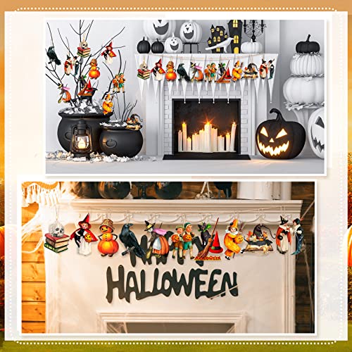 Image of 24 Pcs Halloween Wood Ornaments for Tree Vintage Halloween Decorations Hanging Sign Happy Pumpkin Witch Black Cat Skull Decorative Ornaments for Holiday Party Home Decor