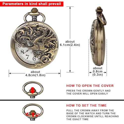 Image of Dragon Design Quartz Pocket Watch Roman Numerals with Chain Birthdays Gifts for Father's Days