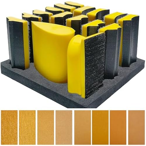 56 PCS Hand Sander Blocking Kit- 16 PCS Hand Sanding Block Set + 40 Sheet Hook & Loop Sandpaper Kit - Interchangeable Assorted Convex & Concave Shapes for Moldings, Baseboards, Woodworking