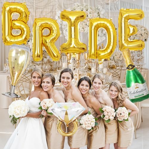 Image of 40inch Bride Balloons Gold Letters Banner, Bachelorette Party Decorations Set with Diamond Ring Champagne Bottle Balloon Glass Foil Balloon for Gold Bachelorette Engagement Wedding Bridal Shower Decor