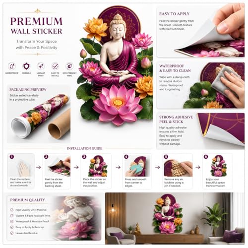 Image of Rangoli Buddha Lotus Wall Sticker Self-Adhesive 16 x 23 Inch Waterproof Wall Decor for Living Room Bedroom Office Meditation Lotus Buddha Wall Decal