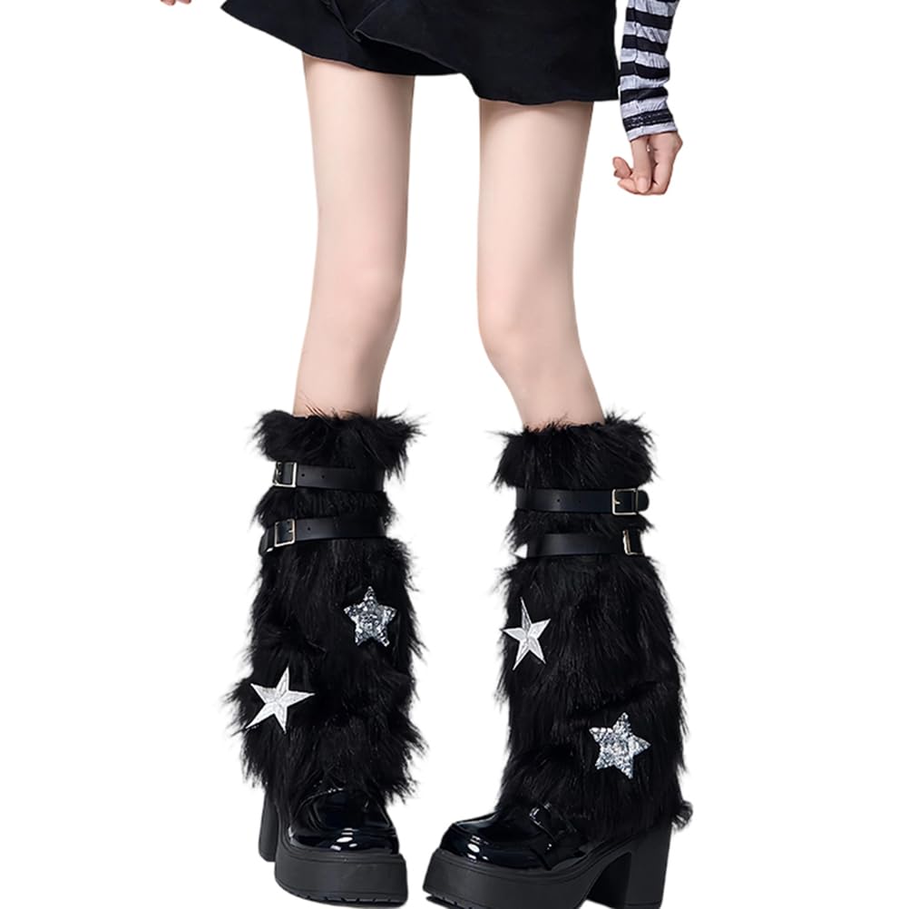 Plush Furry Leg Warmers for Women Faux Fur Cute Star Y2K Leg Socks Punk Gothic Warm Leg Sleeve