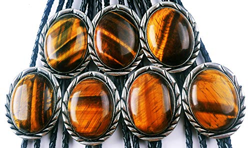 Image of Moranse Bolo Tie with Natural Tiger Eye Stone Celtic Style Genuine and Cowhide Rope