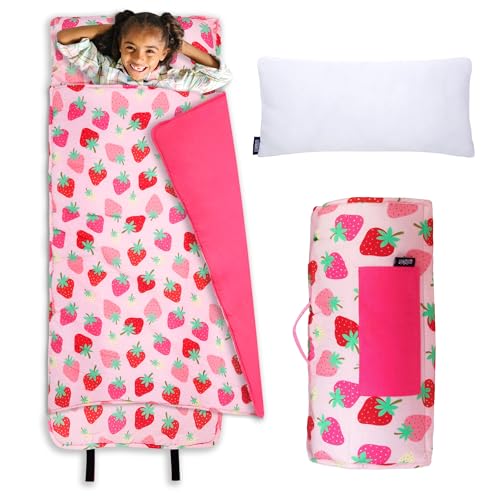 Wildkin Kids Nap Mat with Pillow for Girls Soft & Cozy Toddler Sleep Mat for Daycare Preschool Kindergarten & Travel Ages 37 Machine Washable Strawberry Patch